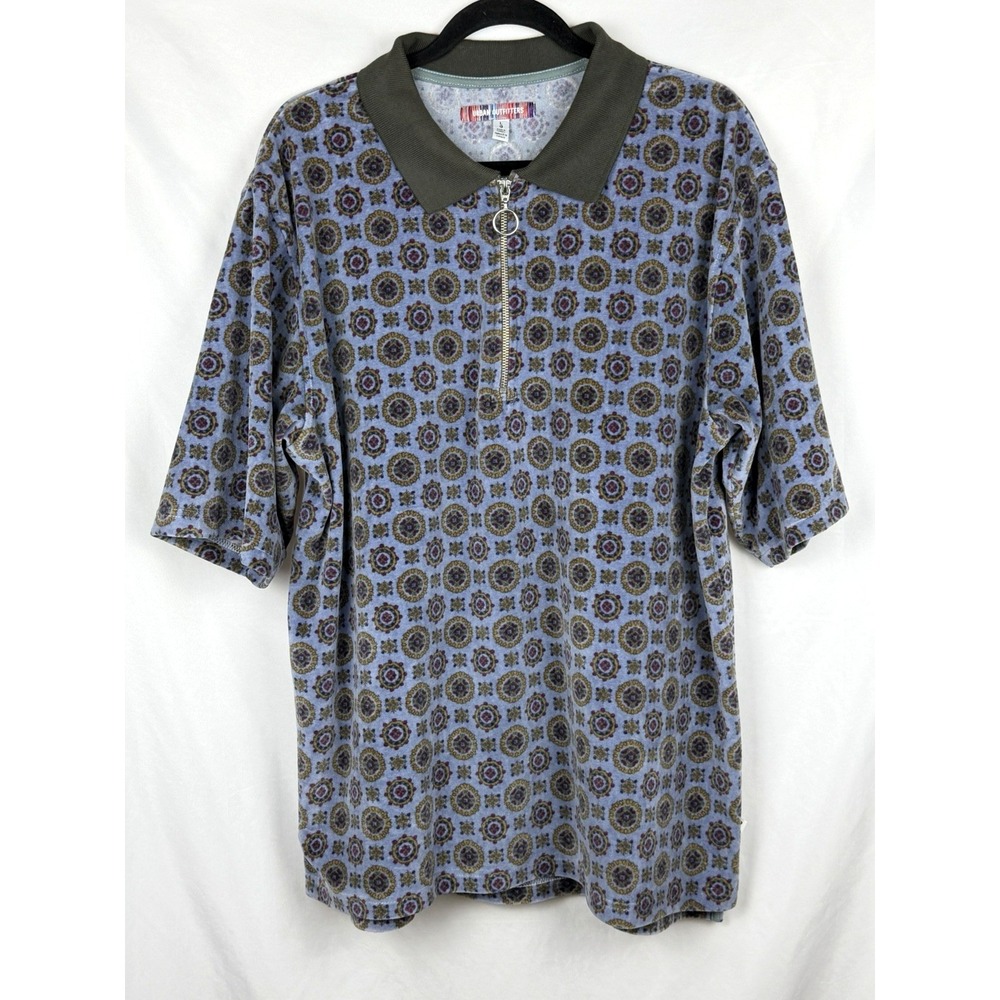 Urban Outfitters Mens L Blue Medallion 1/4 Zip Polo Shirt Short Sleeve Velour
